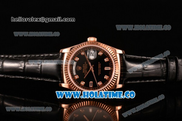 Rolex Day-Date Asia 2813/Swiss ETA 2836/Clone Rolex 3135 Automatic Rose Gold Case with Diamonds Markers and Black Dial (BP) - Click Image to Close